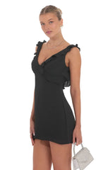 Ruffle V-Neck Dress In Black