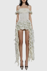 Juricn Halter Corset Ruffle Fringe Mini Dress - Beige