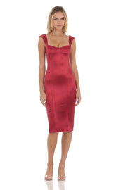 Satin Midi Dress In Red