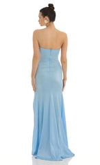 Strapless Satin Maxi Dress In Blue