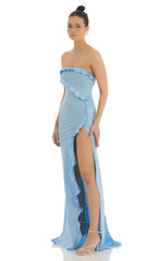 Strapless Satin Maxi Dress In Blue