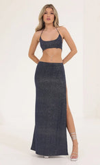 Glitter Tummy Cutout Maxi Dress In Navy