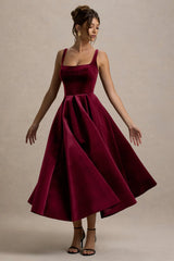 Francisca | Berry Velvet Strappy Volume-Hem Midi Dress