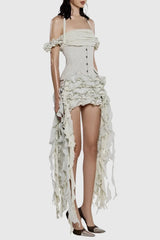 Juricn Halter Corset Ruffle Fringe Mini Dress - Beige