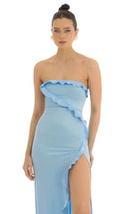 Strapless Satin Maxi Dress In Blue
